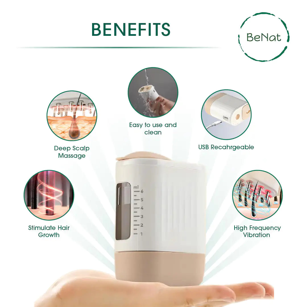 Applicateur d'Huile Électrique et Masseur Capillaire Vibrant 2 en 1 BeNat.